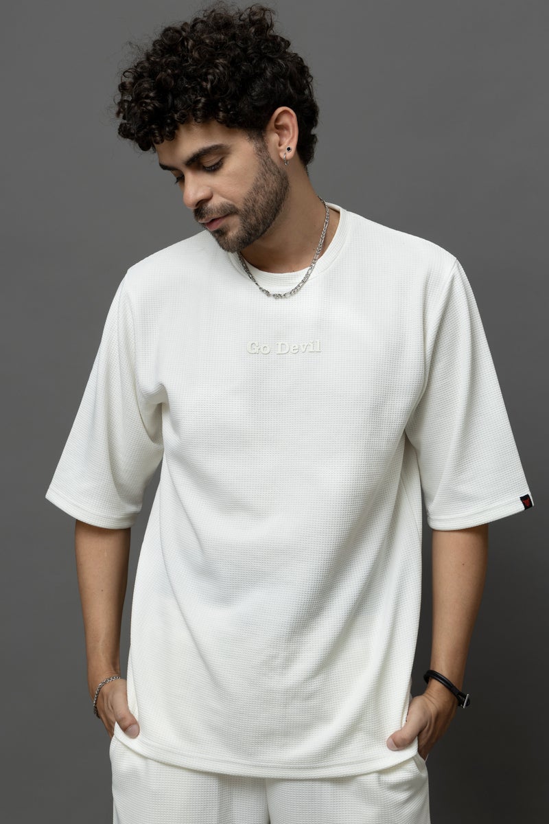 Go Devil White Textured T-Shirt With Pant Co-Ord Set For Men - Image 4